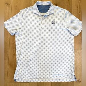 johnnie-O Polo Shirt Men’s XL White Blue Dot Printed Performance JC Crest Logo